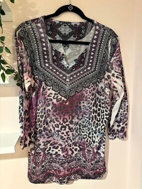 Women's Purple Animal Print V-Neck 3/4 Sleeve Top XL